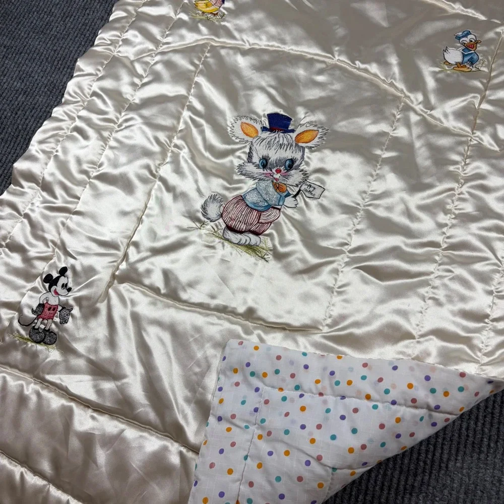 Vintage Disney Mickey Mouse Donald Duck Satin Baby Blanket Quilt Polka Dot Cream
